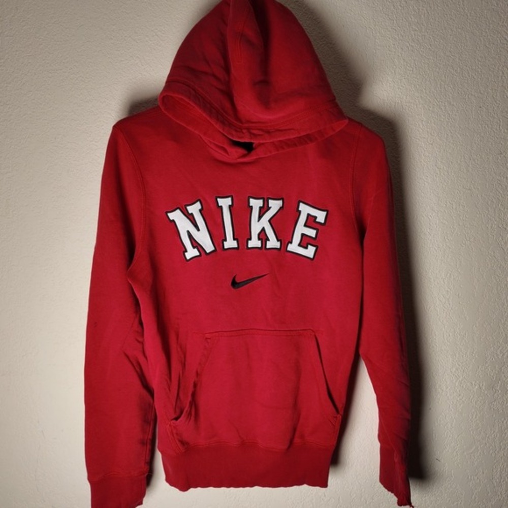 Vintage‎ Nike Hoodie Y2K Red White Embroidered Big Logo Spellout Size 2XL